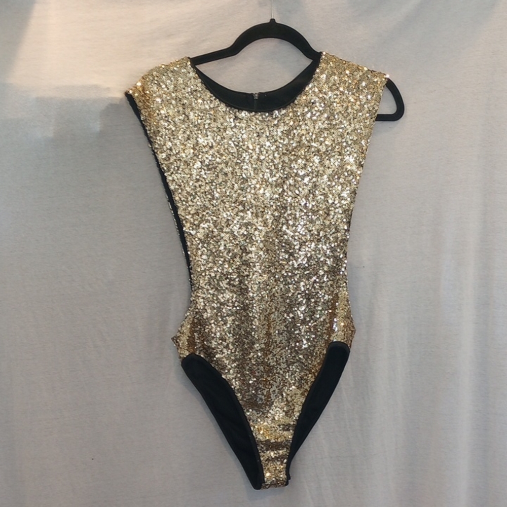 Rehab Shimmering Gold  Bodysuit, EUC Size Medium